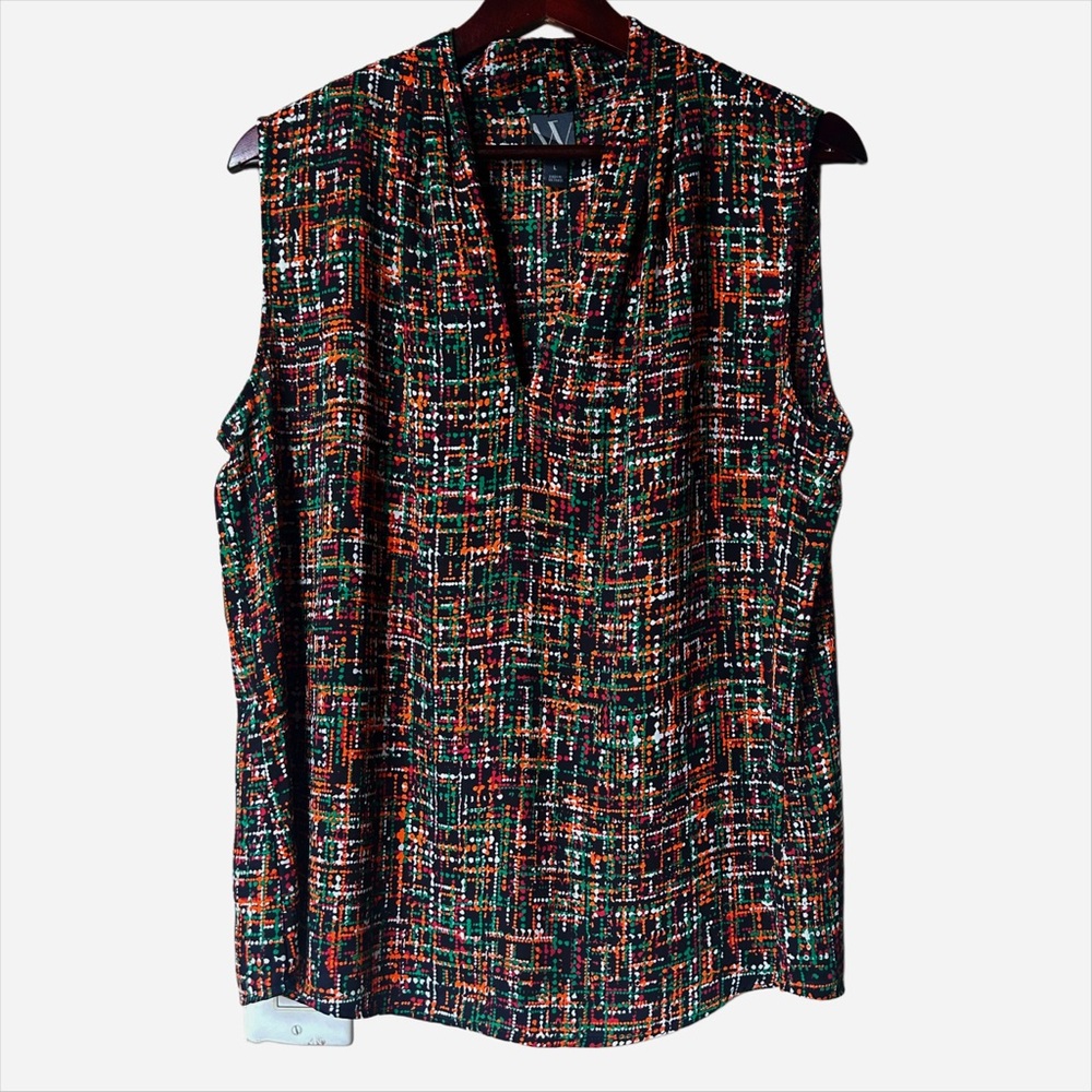 Worthington Sleeveless Blouse Size L Multicolor Abstract Print V-Neck CorpCore
